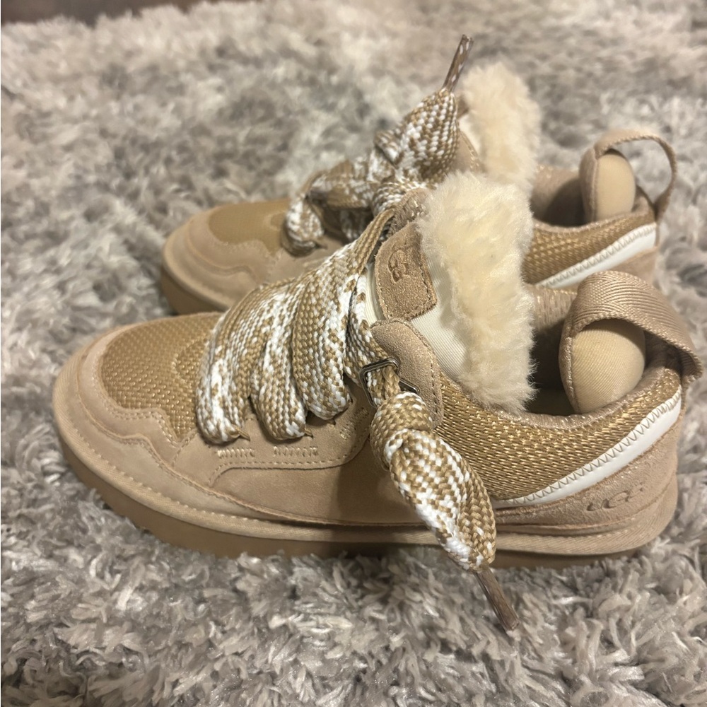 UGG Women's Lace-Up Fur Trim Sneakers in Tan Cream